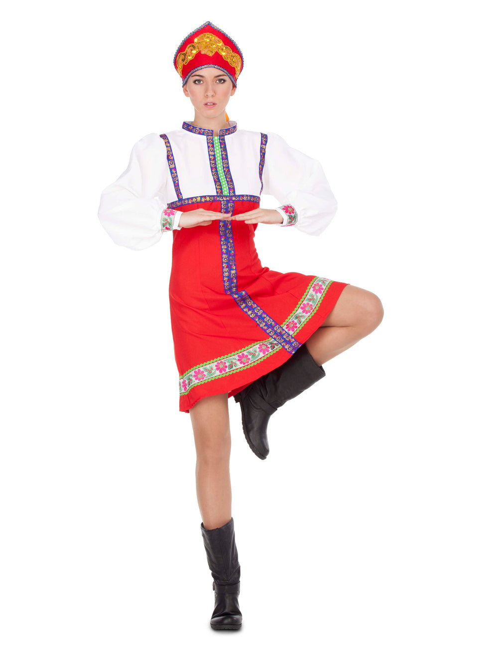 Déguisement de danseuse traditionnelle russe pour femme rouge et blanc avec coiffe