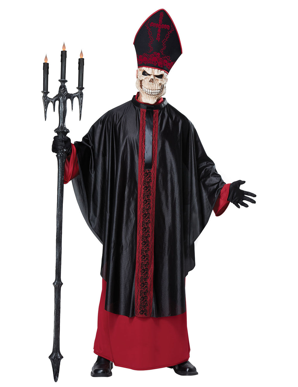 Déguisement de pape lugubre squelette pour adulte noir et rouge avec masque