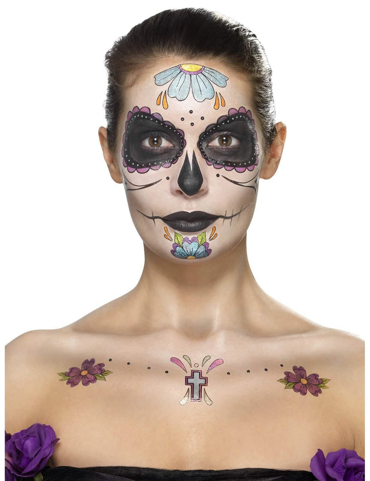 Vista geral do conteúdo do kit de maquilhagem Dia de los muertos para mulher flores azuis