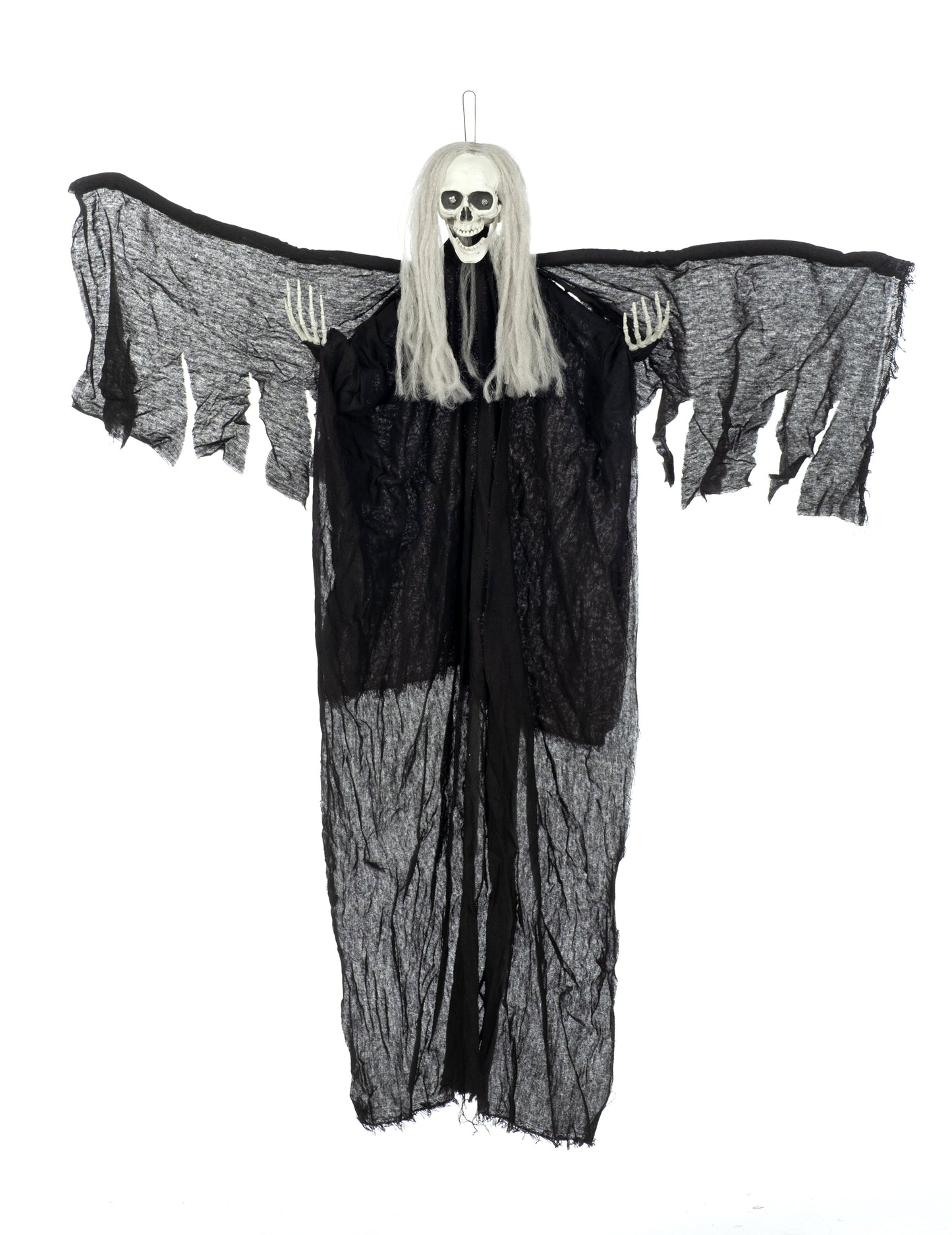 Vue d'ensemble avec bras écartés de la décoration à suspendre ange noir de la mort