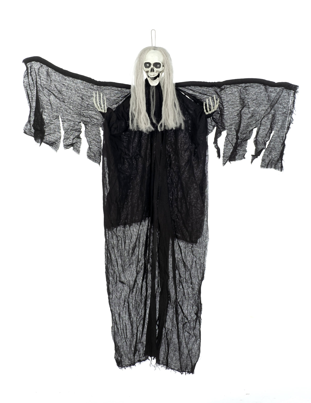 Vue d'ensemble avec bras écartés de la décoration à suspendre ange noir de la mort