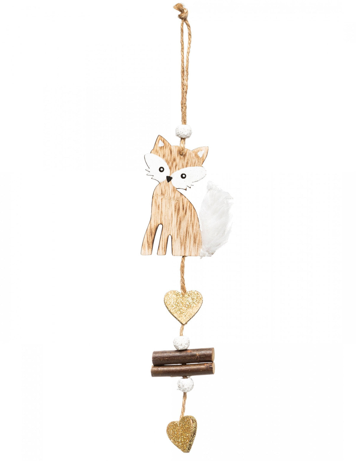Décoration à suspendre en bois joli renard avec cœurs dorés et perles