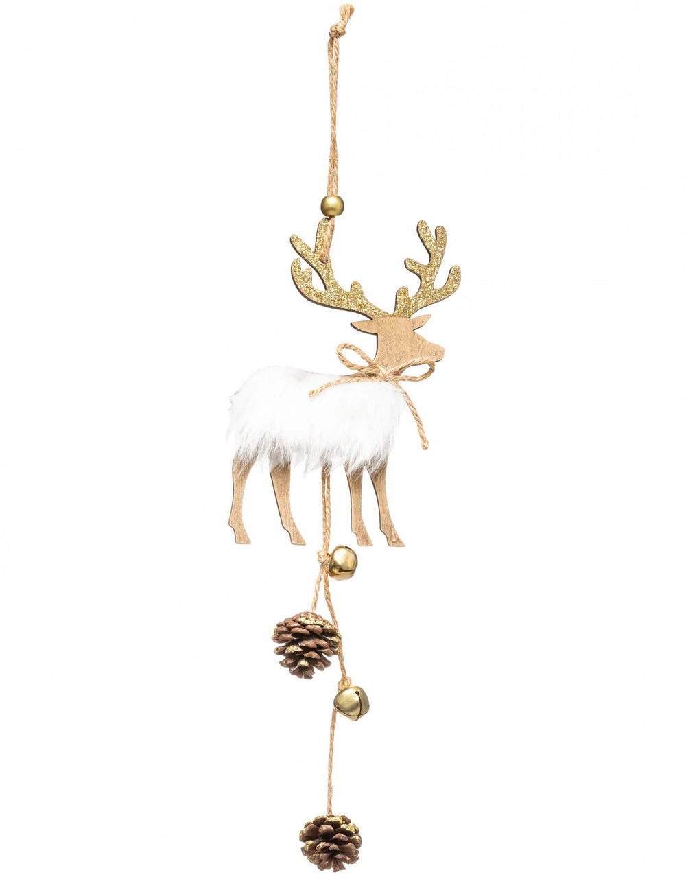 Decoração suspensa em madeira com rena para natal branco e dourado com pelo