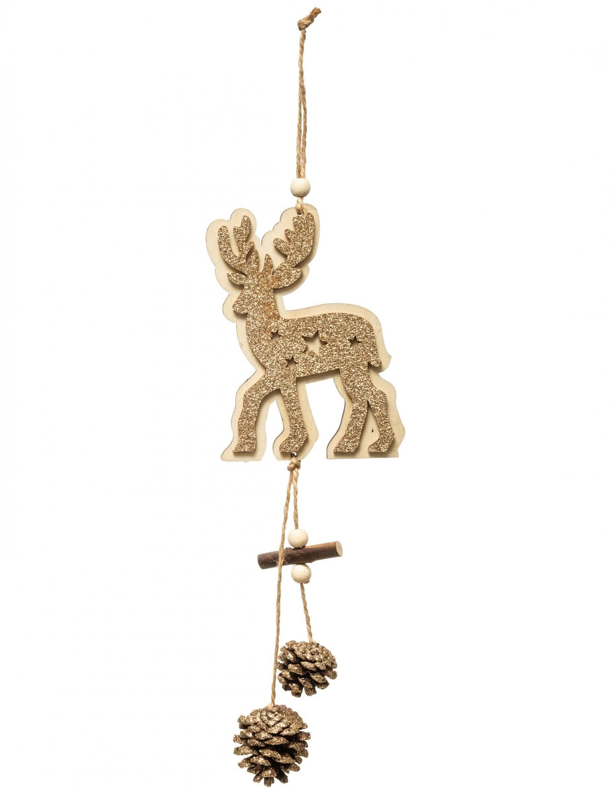 Decoração suspensa de rena para natal dourado em madeira e pinhas