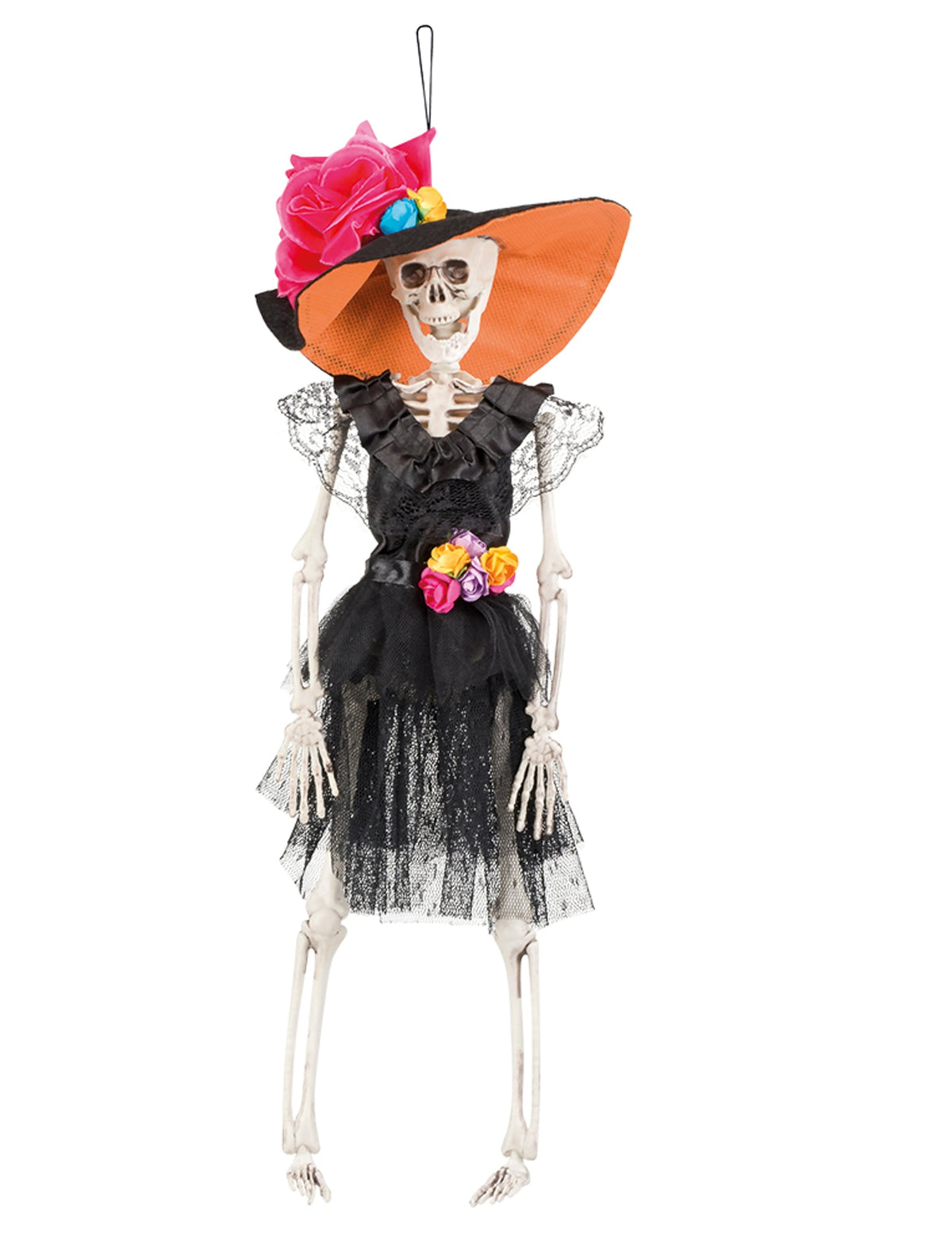 Décoration à suspendre mariée mexicaine pour Dia de los muertos noire avec chapeau orange et fleurs colorées