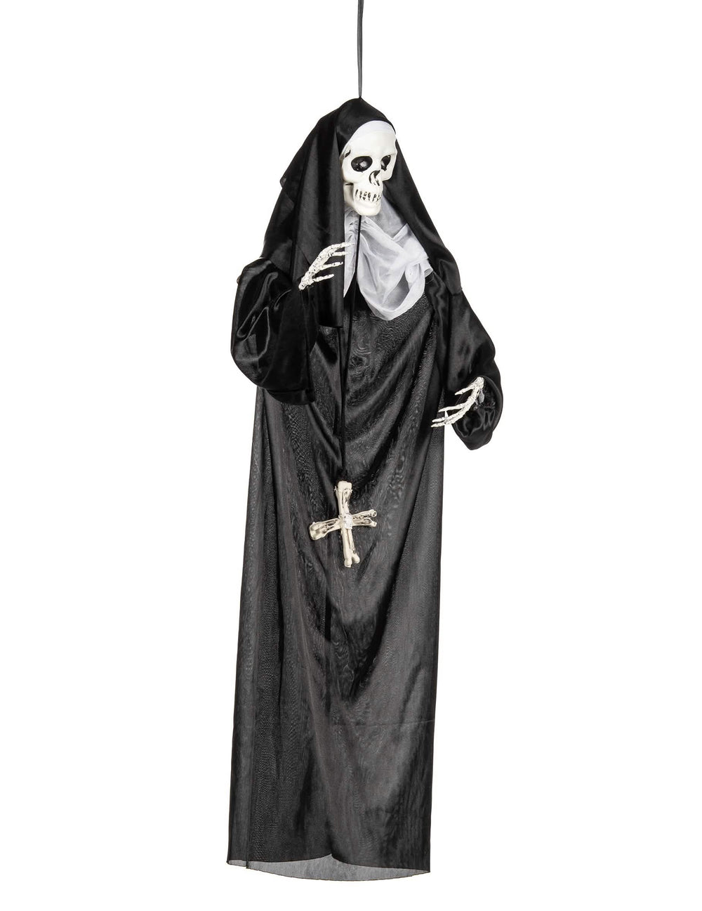 Decoração para pendurar de freira para halloween preta com cabeça de esqueleto e cruz de ossos