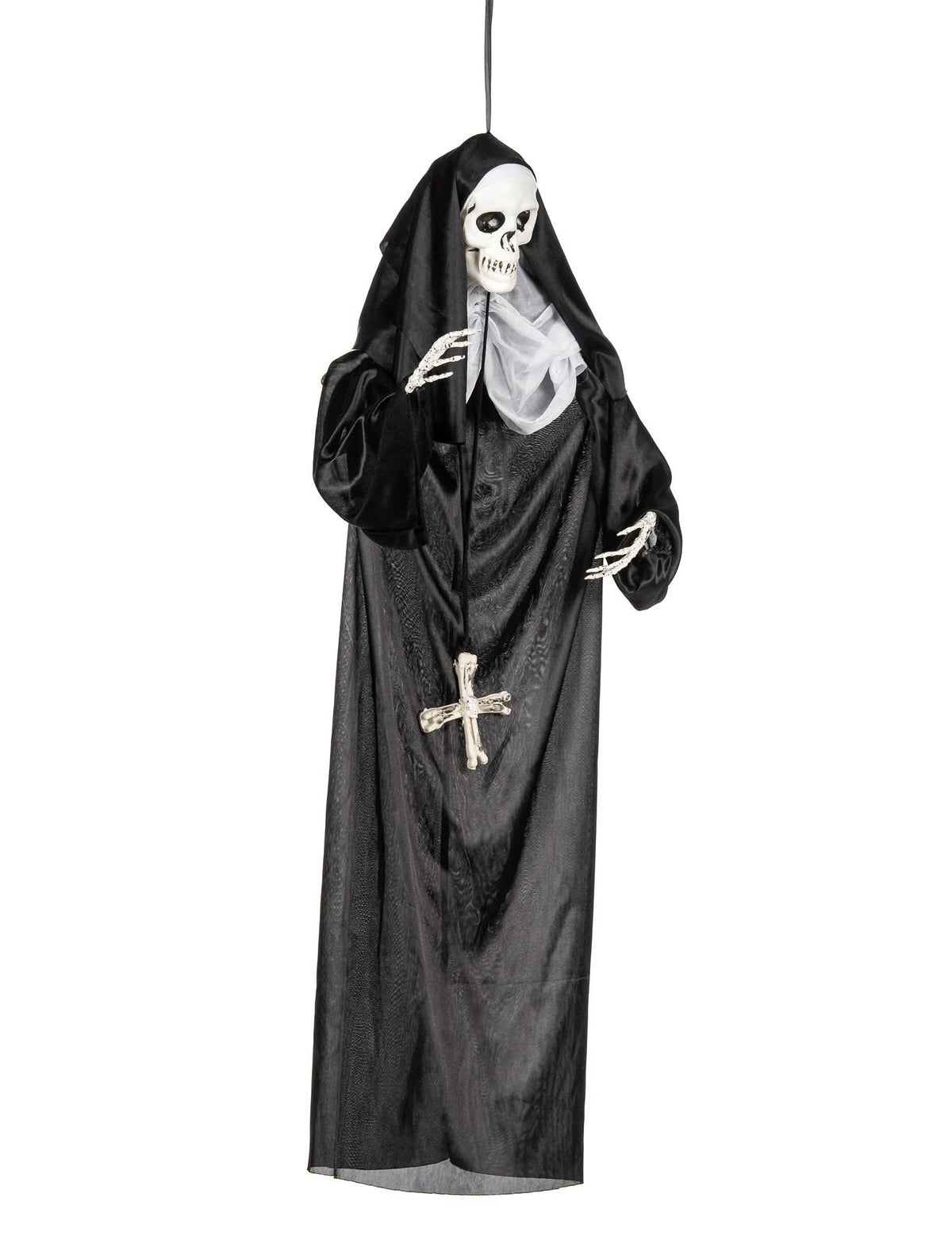 Decoração para pendurar de freira para halloween preta com cabeça de esqueleto e cruz de ossos