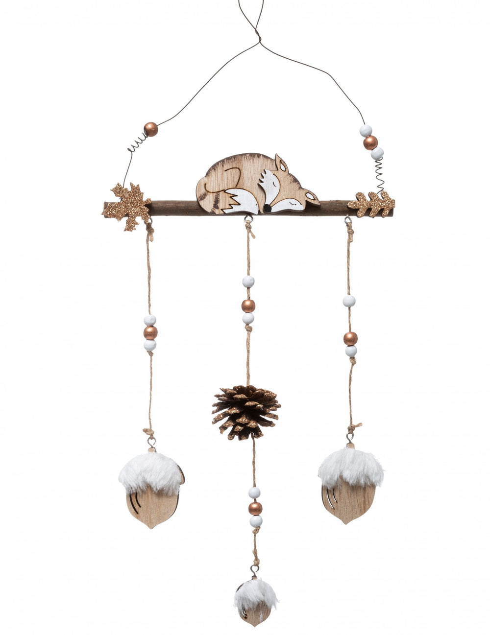 Décoration à suspendre mobile renard en bois avec glands blancs et pomme de pin