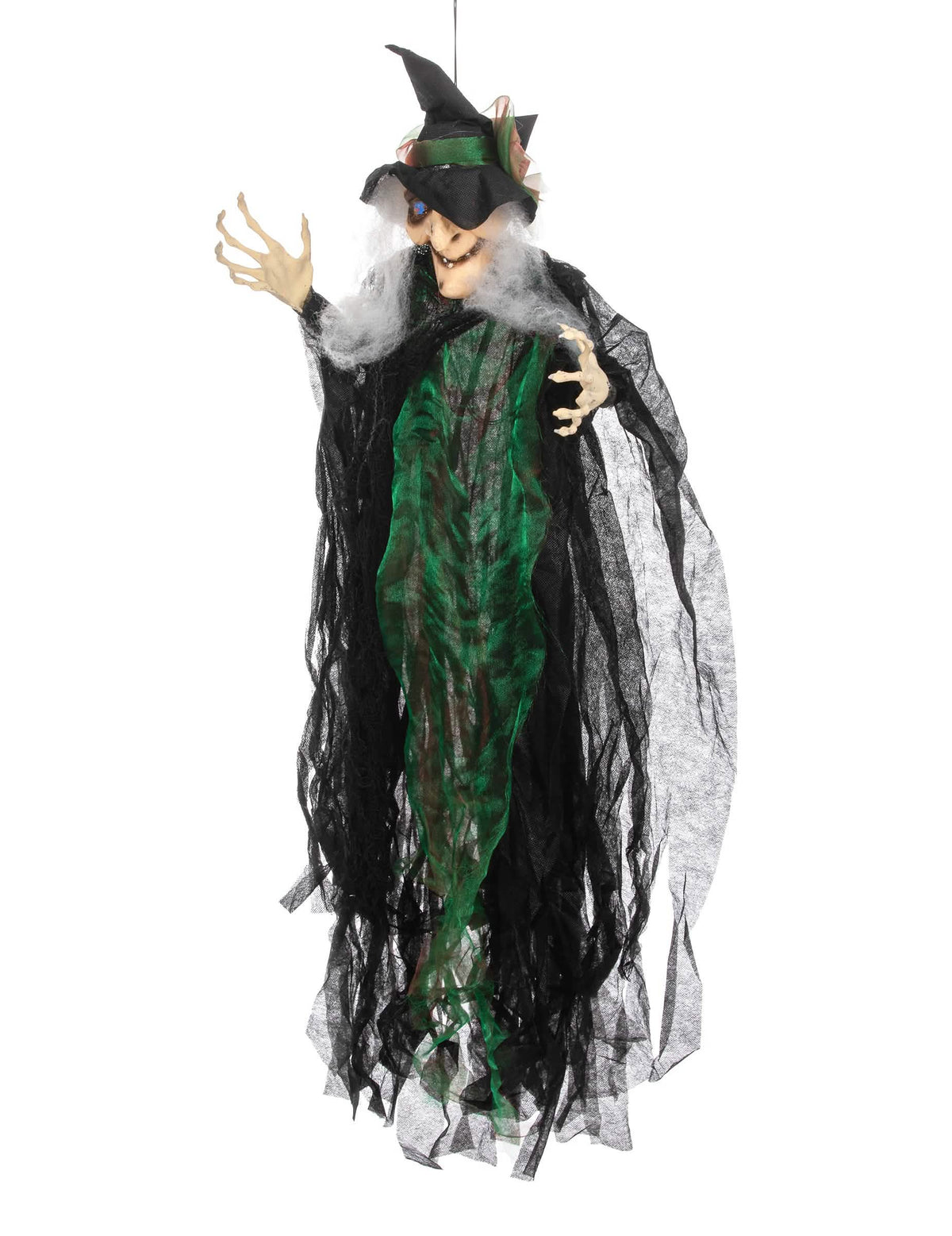 Decoração suspensa de bruxa para halloween, preta e verde, luminosa