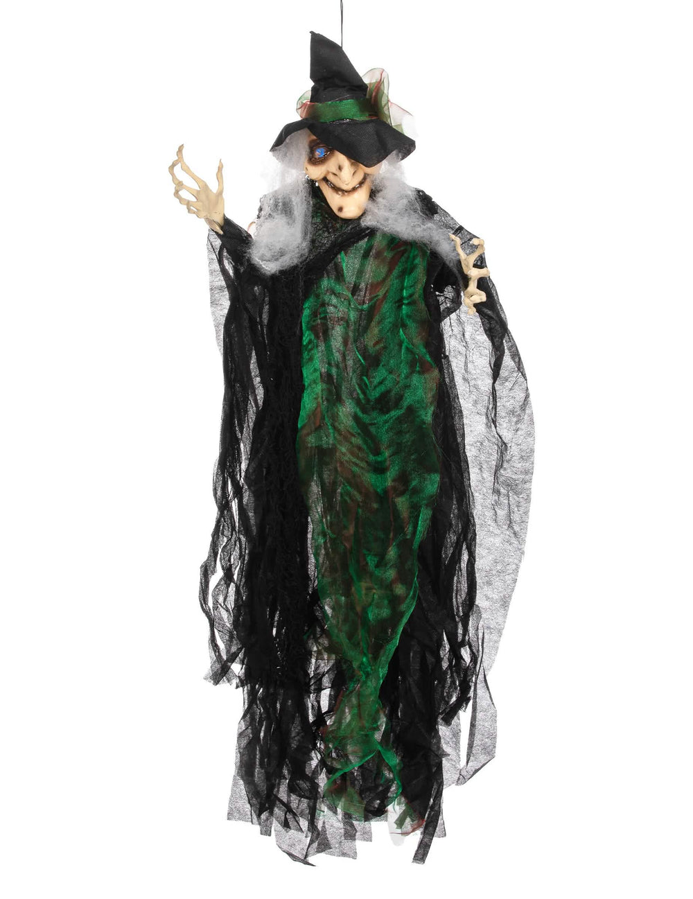 Decoração suspensa de bruxa luminosa para halloween verde e preta