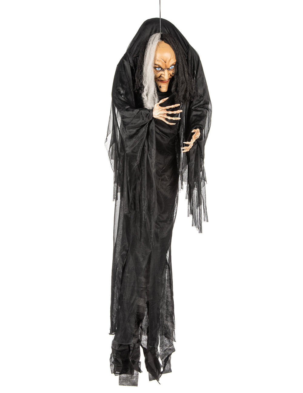 Vue de face de la décoration à suspendre sorcière pour Halloween noire et blanche