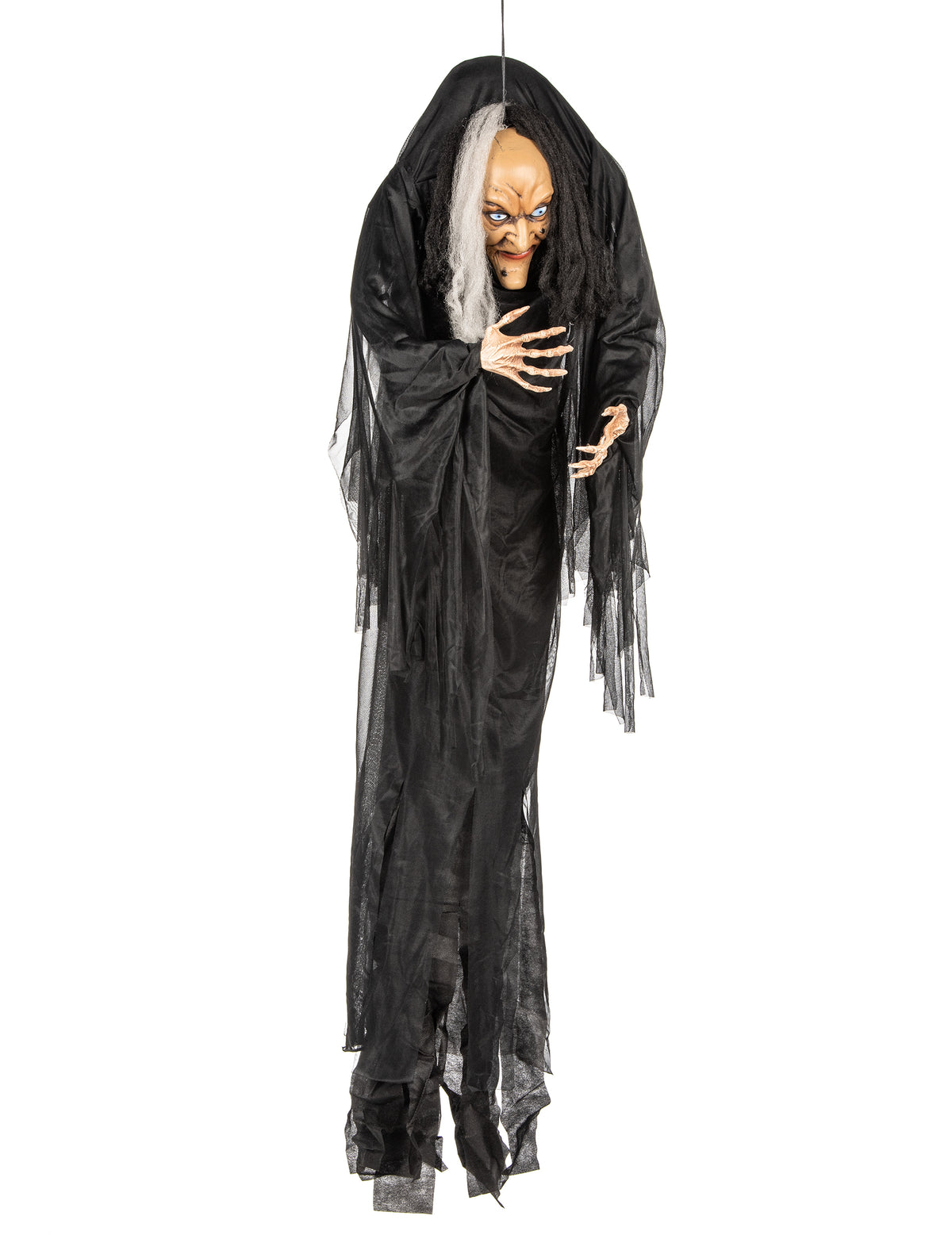 Vue de face de la décoration à suspendre sorcière pour Halloween noire et blanche