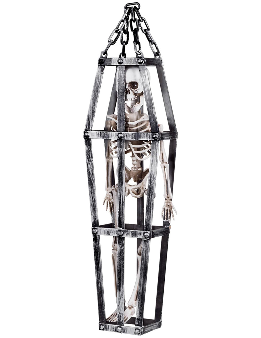 Decoração suspensa de esqueleto em jaula para halloween cinzento e branco
