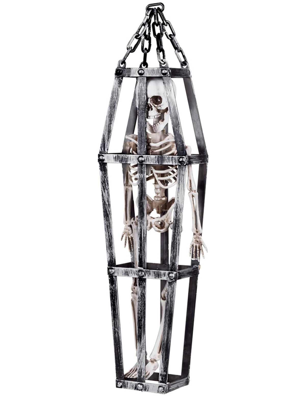 Decoração suspensa de esqueleto em jaula para halloween cinzento e branco