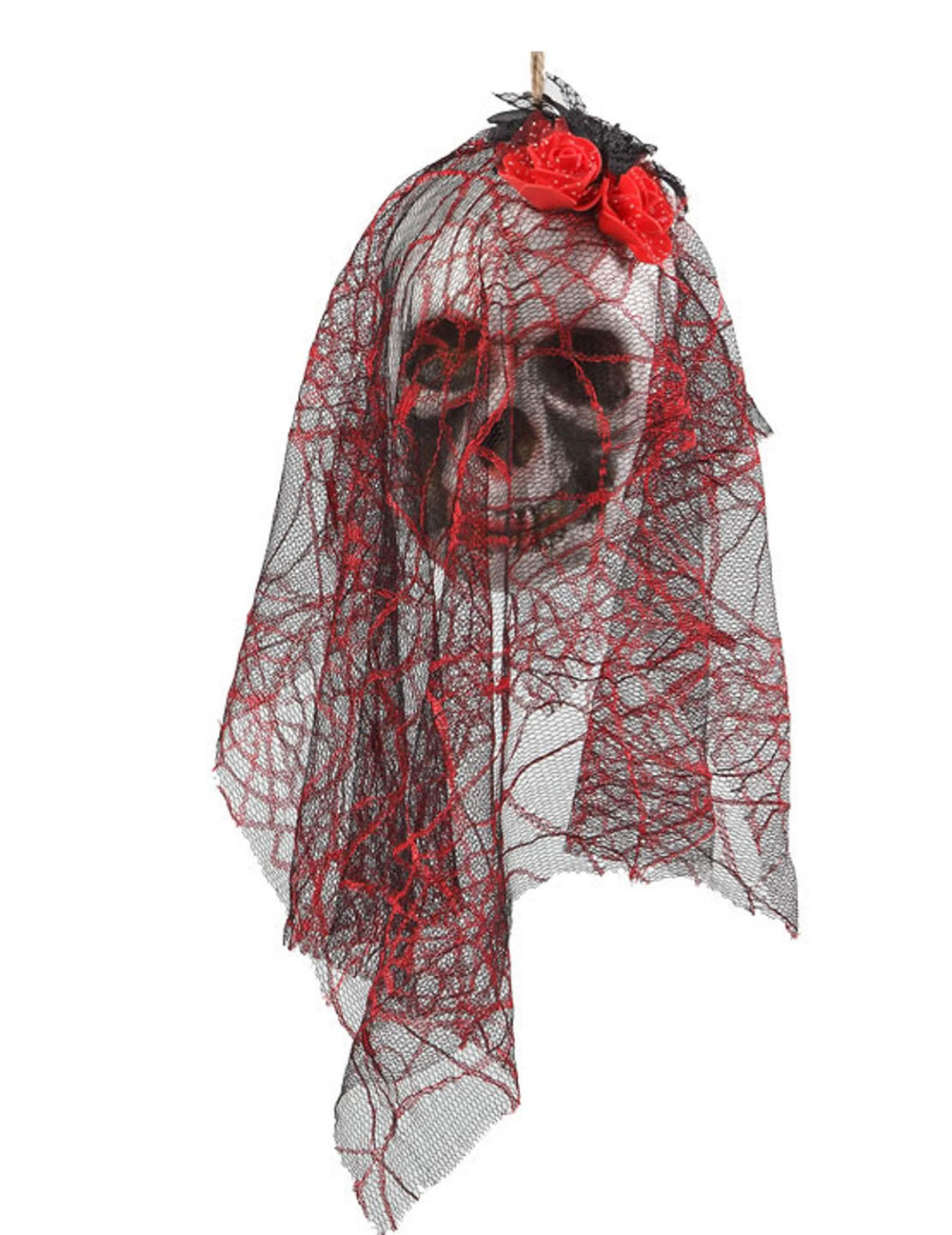 Decoração suspensa de caveira noiva preto e vermelho com véu e rosas