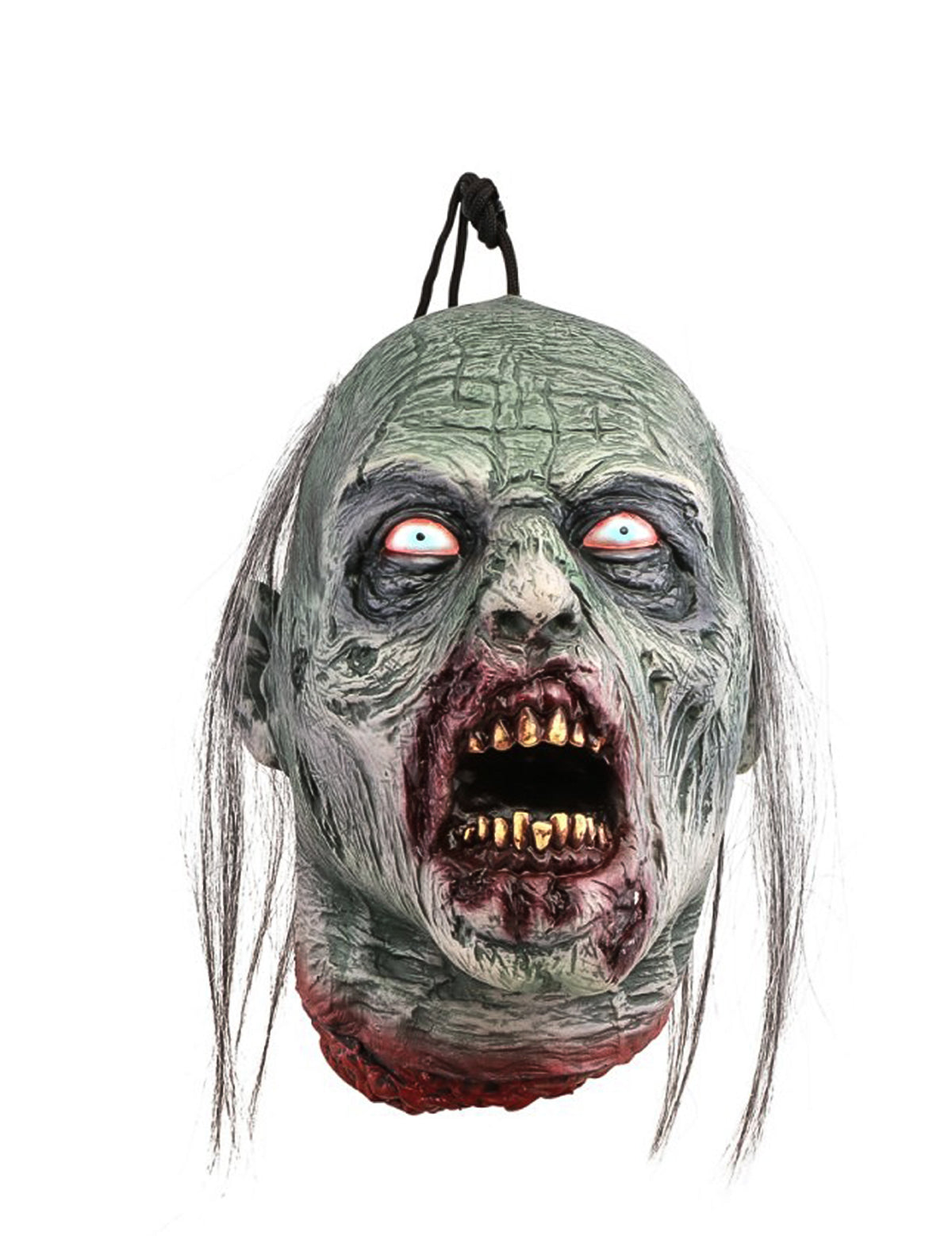 Décoration à suspendre tête de zombie pour Halloween grise avec bouche ensanglantée