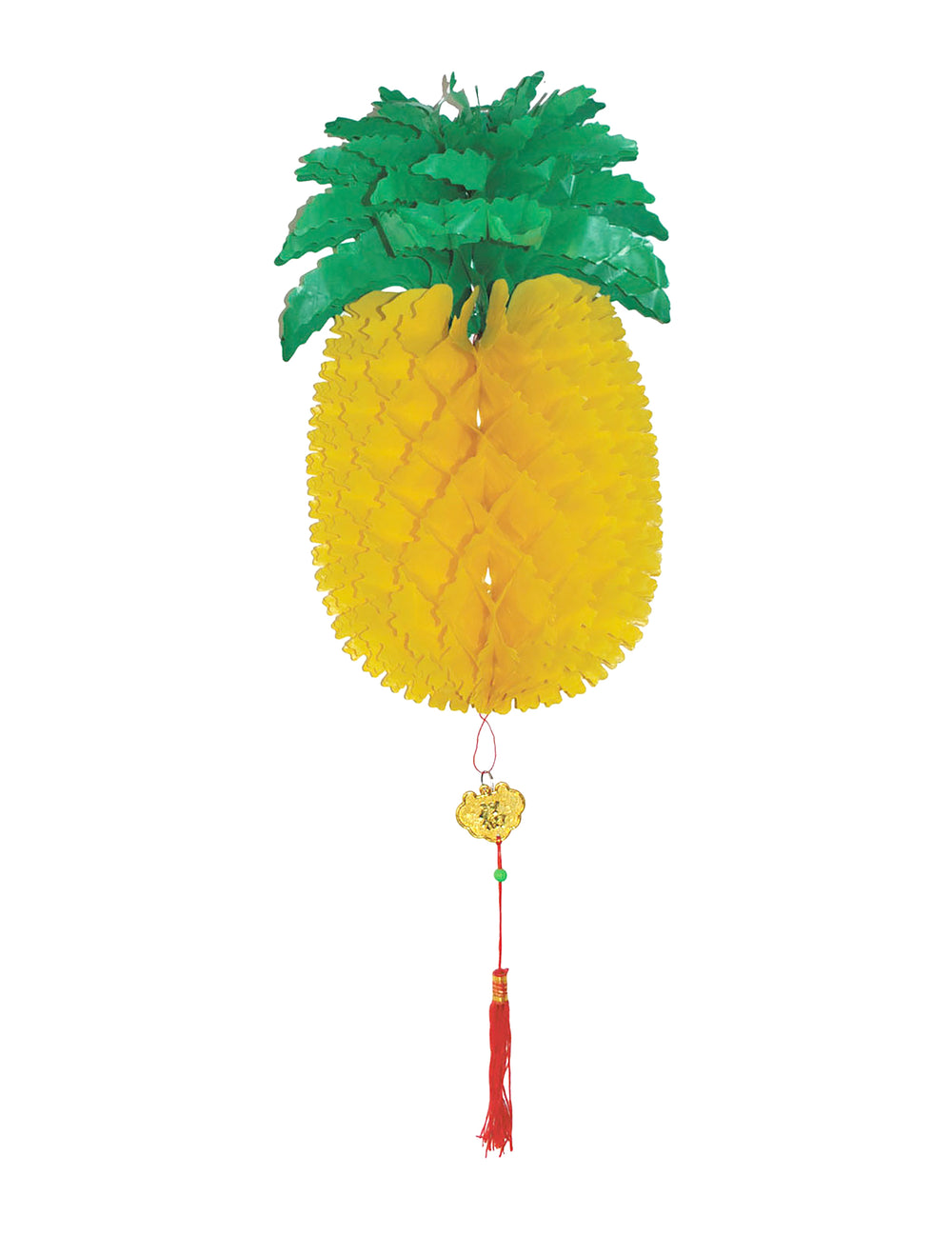 Décoration ananas alvéolé pour fête jaune et verte avec pompon rouge