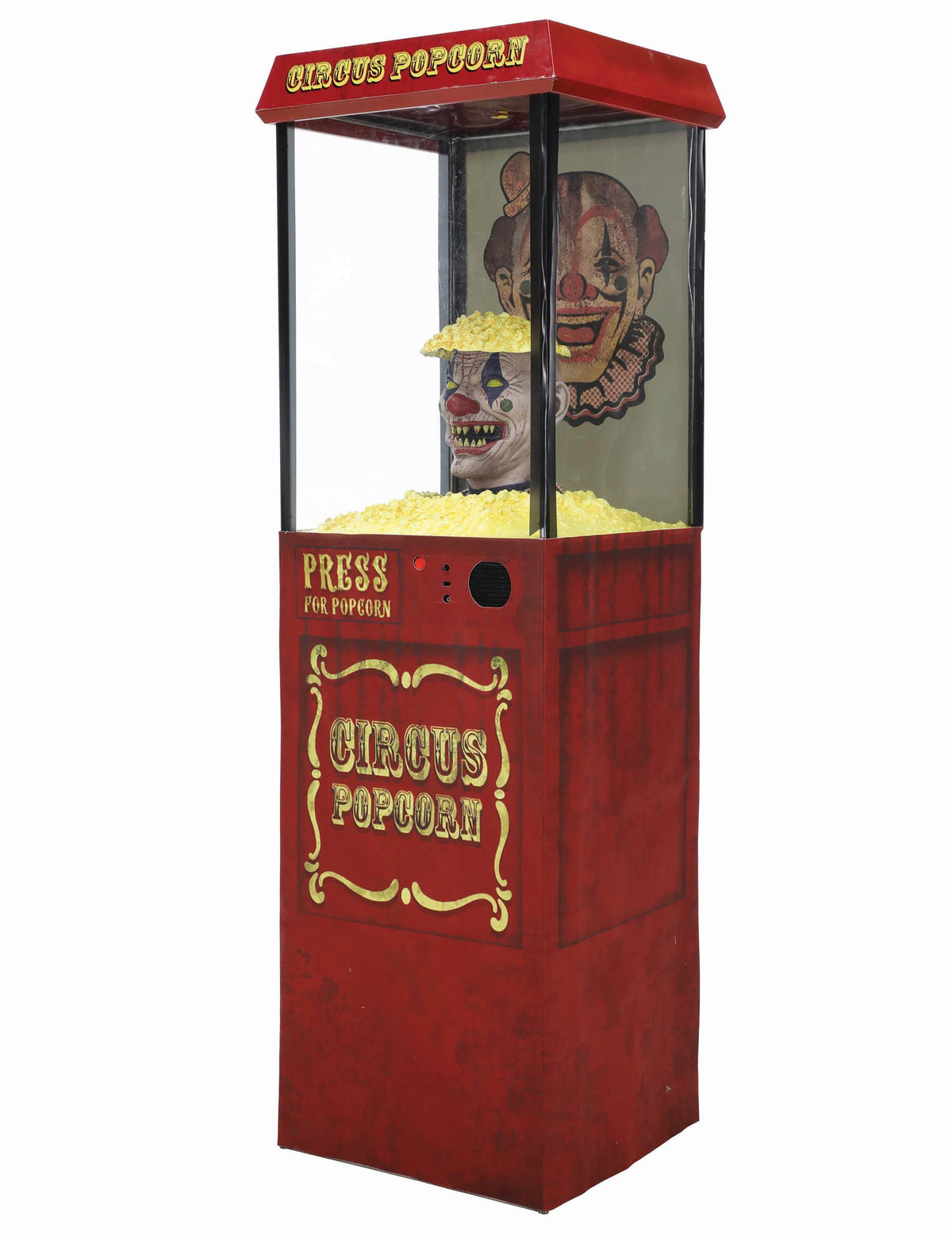 Décoration animée Distributeur de Pop-Corn Clown Effrayant pour Halloween rouge et jaune