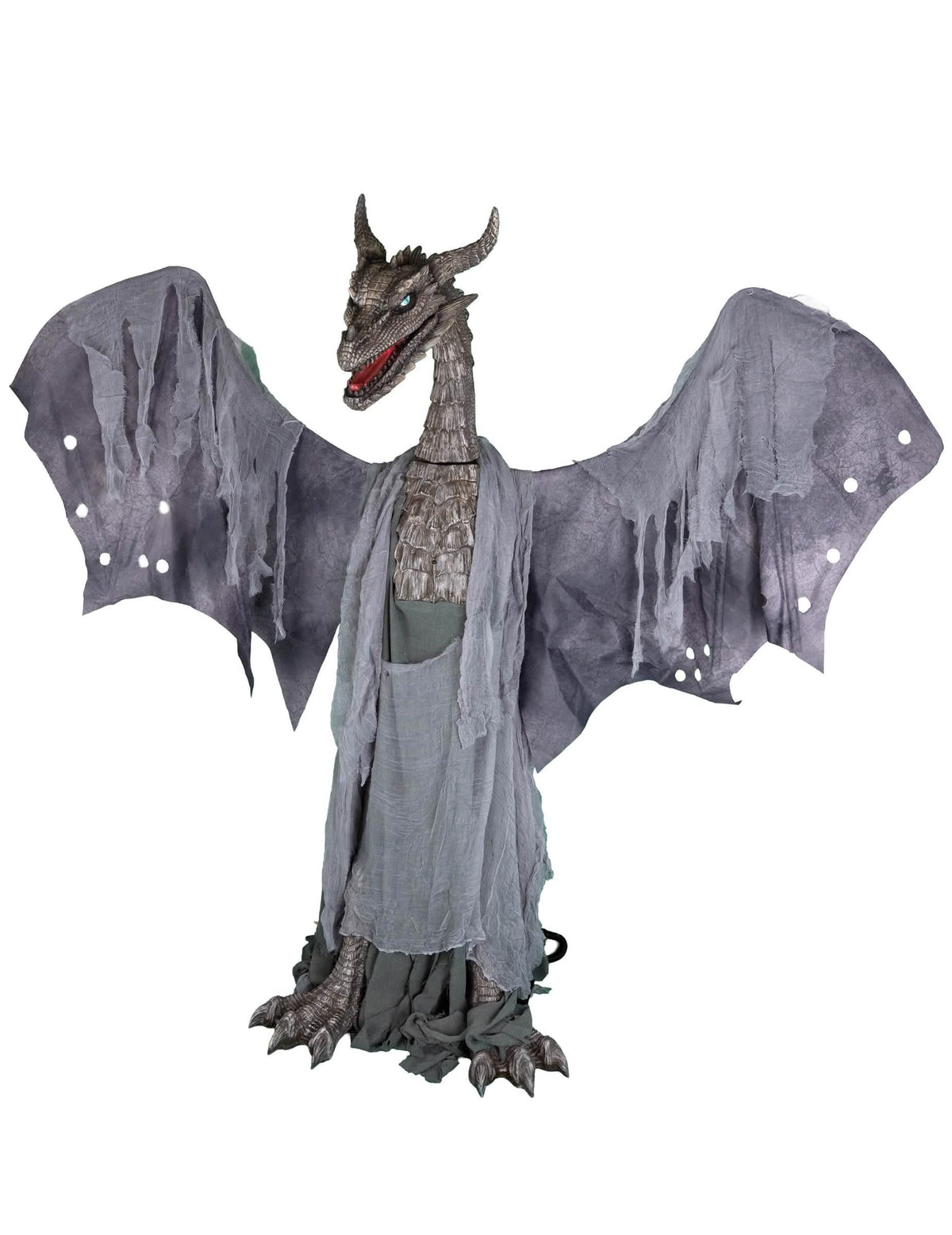 decoração animada dragão cuspidor de fogo cinzento com asas grandes abertas