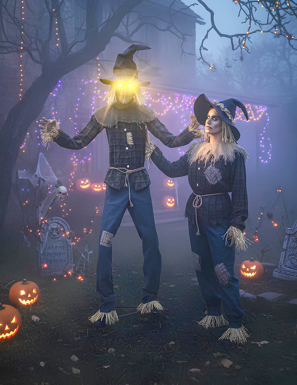 Décoration animée épouvantail terrifiant pour Halloween avec bras articulés son et lumières