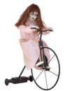 decoração animada de menina possuída num bicicleta para halloween, vestido cor de rosa com movimento