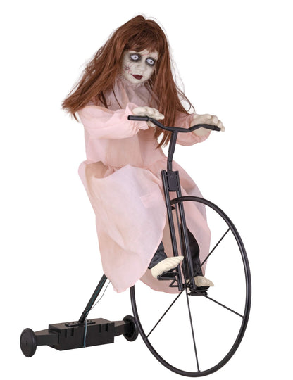 decoração animada de menina possuída num bicicleta para halloween, vestido cor de rosa com movimento