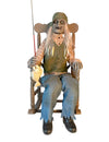 decoração animada pescador assombrado numa cadeira de baloiço para halloween com movimento e cana de pesca