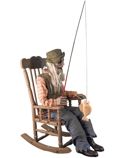 Decoração animada pescador assombrado em cadeira de baloiço com movimento 67 x 95 x 185 cm