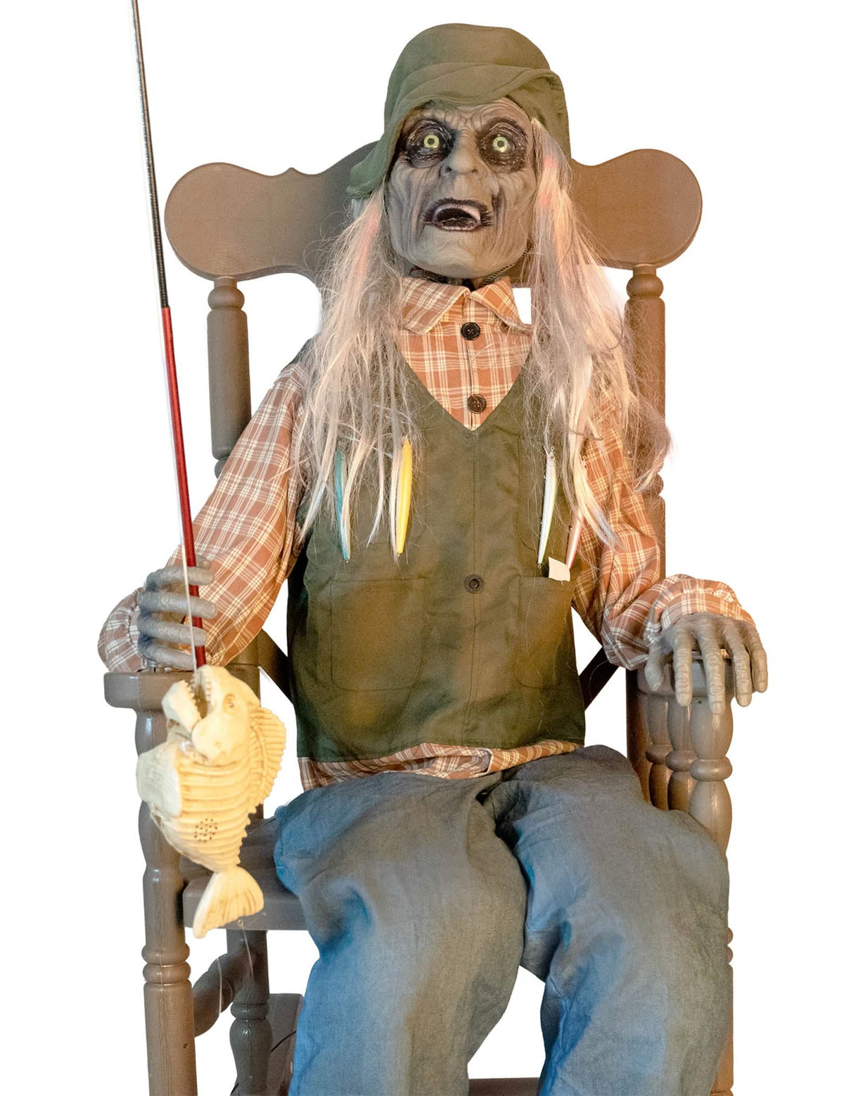 Decoração animada pescador assombrado em cadeira de baloiço com movimento 67 x 95 x 185 cm