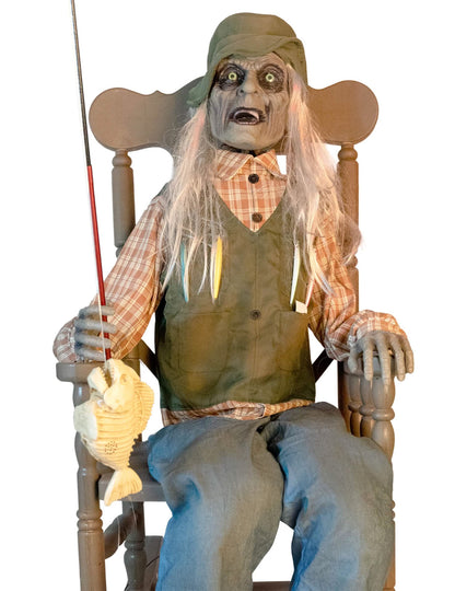 Decoração animada pescador assombrado em cadeira de baloiço com movimento 67 x 95 x 185 cm