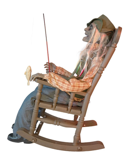 Decoração animada pescador assombrado em cadeira de baloiço com movimento 67 x 95 x 185 cm