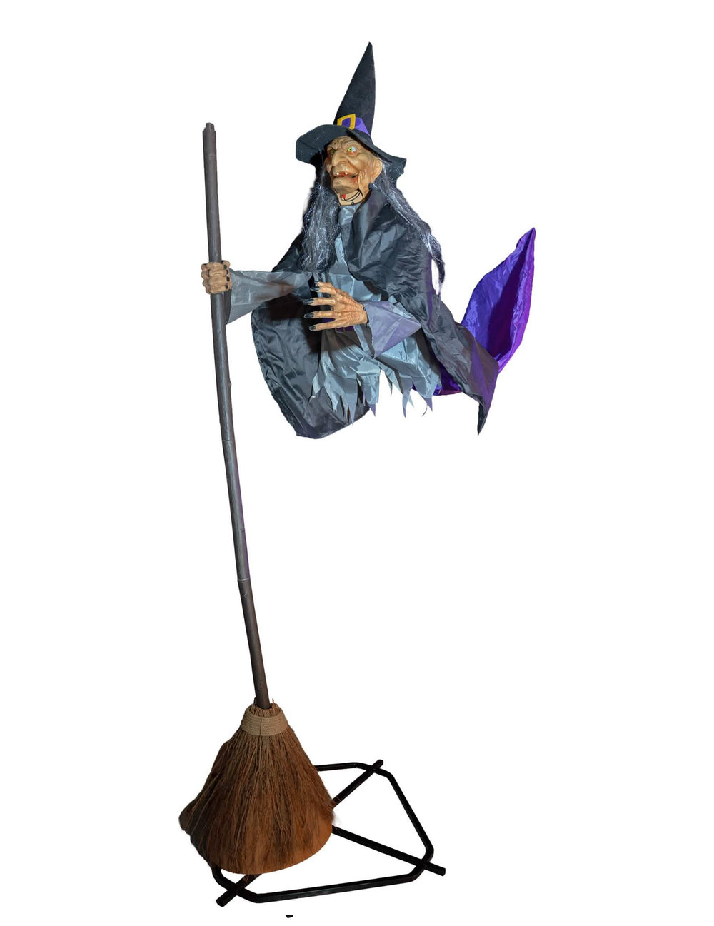 decoração animada de bruxa voadora para halloween preta e roxa