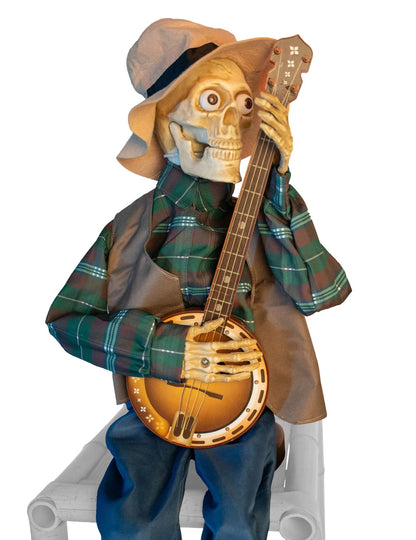 Decoração animada esqueleto músico assombrado a tocar banjo com sons e movimentos 31 x 27 x 98 cm