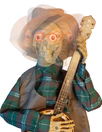 Decoração animada esqueleto músico assombrado a tocar banjo com sons e movimentos 31 x 27 x 98 cm