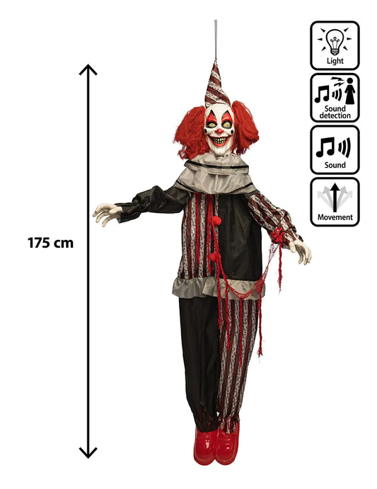 Decoração animada suspensa palhaço maléfico com risos e movimentos 175 cm