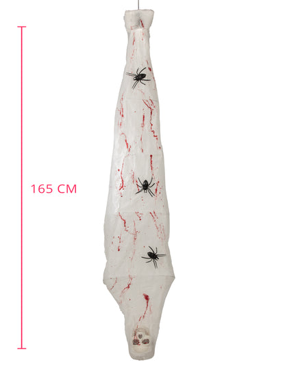 Decoração animada suspensa casulo de aranha com corpo aprisionado 165 cm