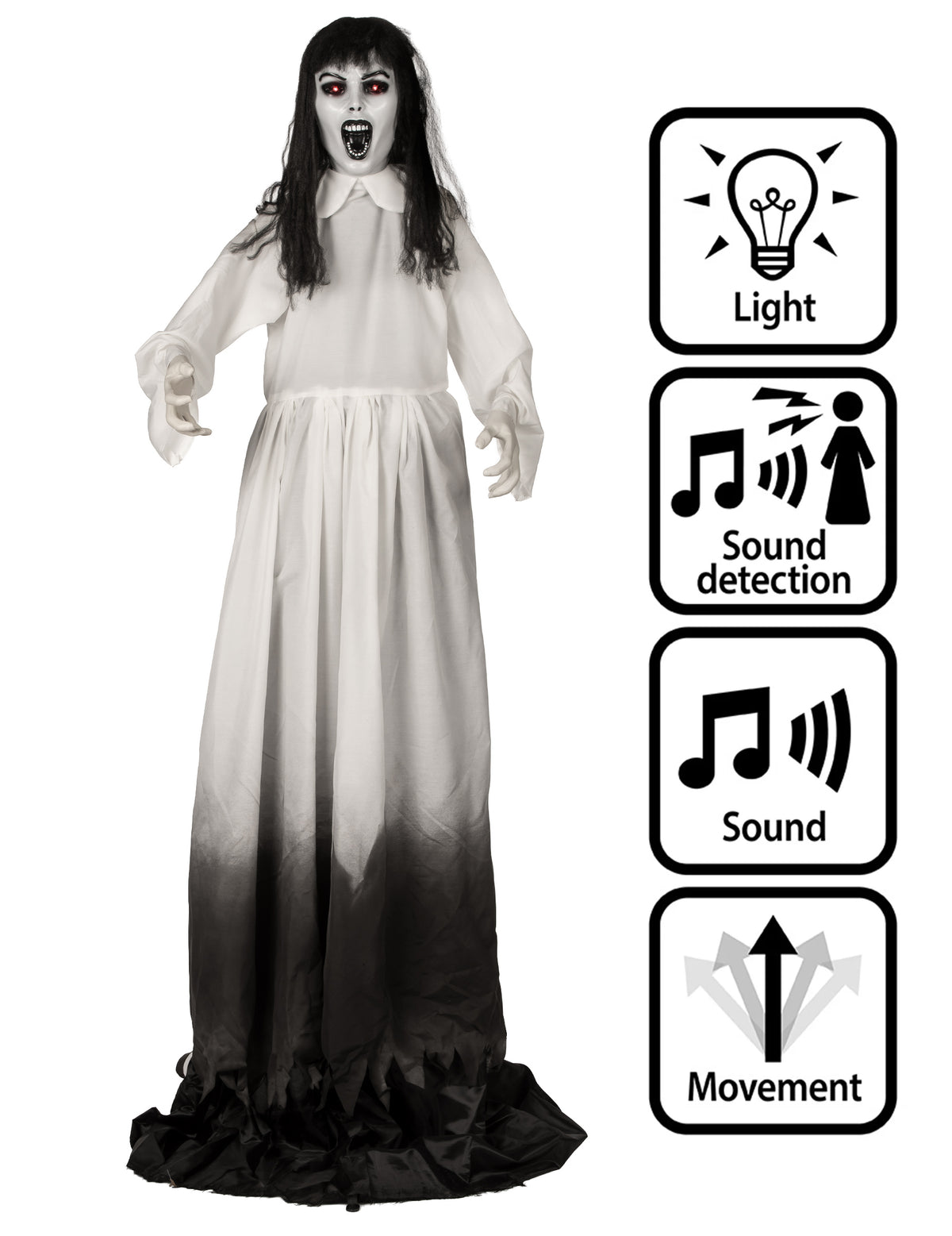 Decoração animada viúva fantasmagórica extensível com movimento 190 a 225 cm