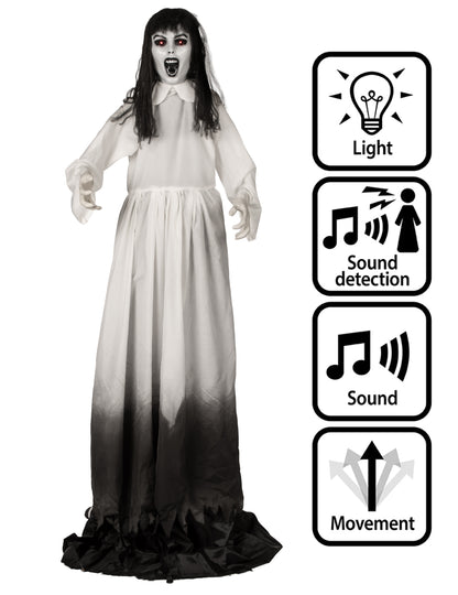 Decoração animada viúva fantasmagórica extensível com movimento 190 a 225 cm