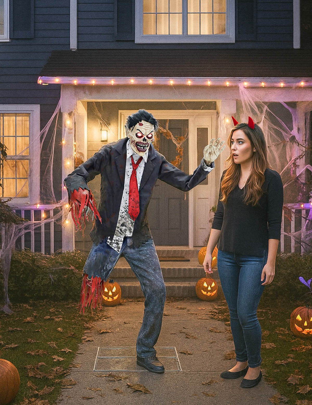 Decoração animada zumbi fraturado de 1,8 m com braços articulados, sons e luzes