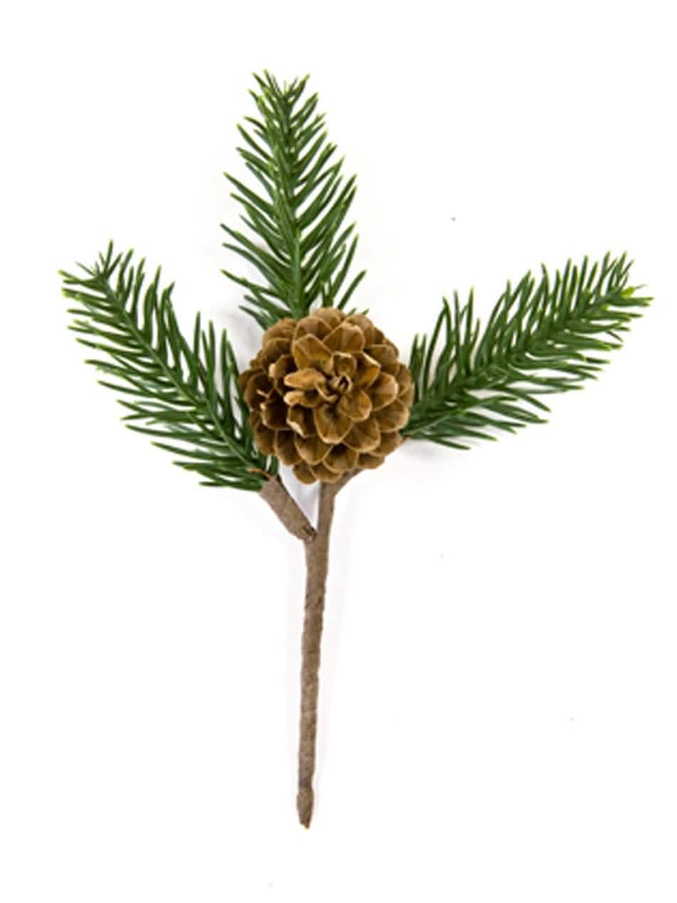 Decoração de ramo de pinheiro com pinha verde e castanho