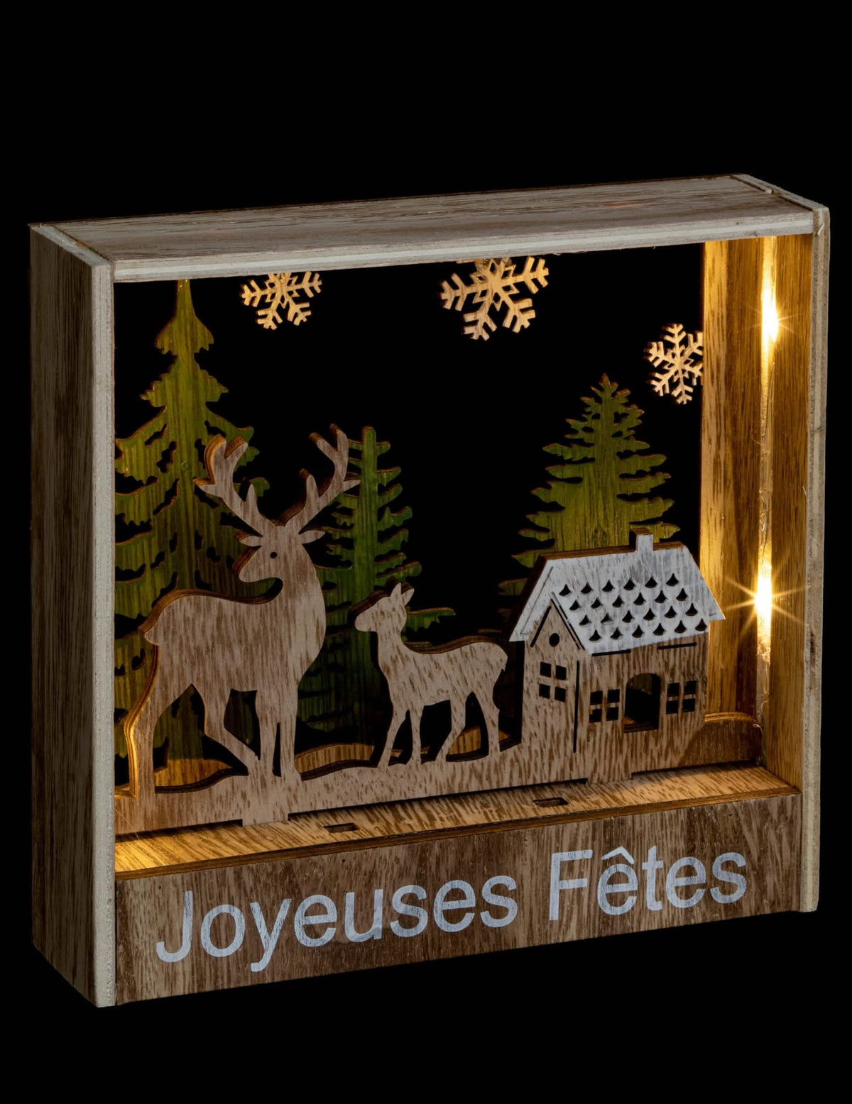 Decoração de moldura luminosa de pousar renas em madeira com inscrição Boas Festas