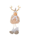 Décoration cerf en bois et fourrure beige et blanc avec bonnet et bois dorés