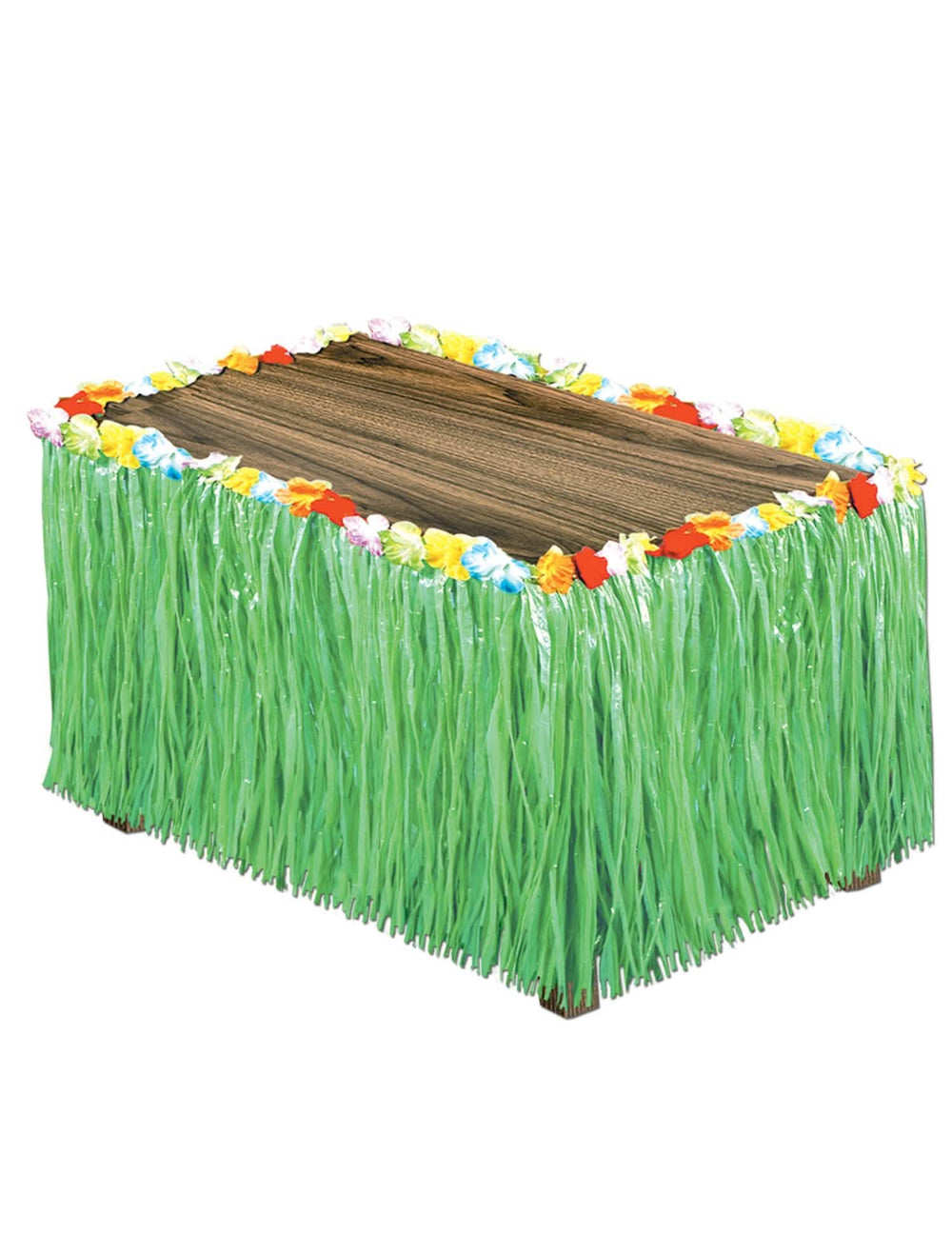 Saia de mesa havaí verde com rebordo de flores multicoloridas