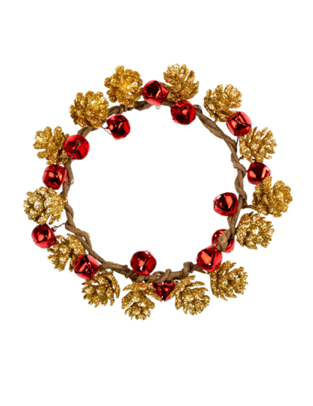 Décoration couronne pomme de pin et grelots pour fête bois torsadé dorée et rouge