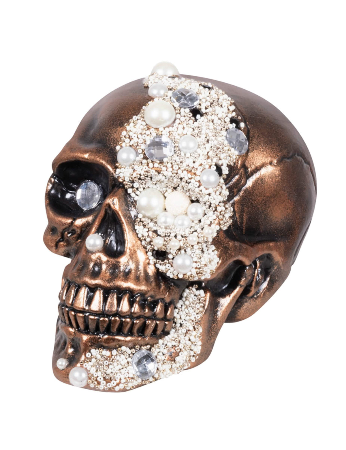 Decoração de crânio adornado com diamantes para halloween em bronze e pérolas brancas
