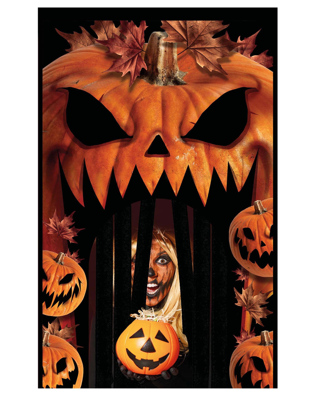 Mise en situation de la décoration de porte avec rideau citrouilles