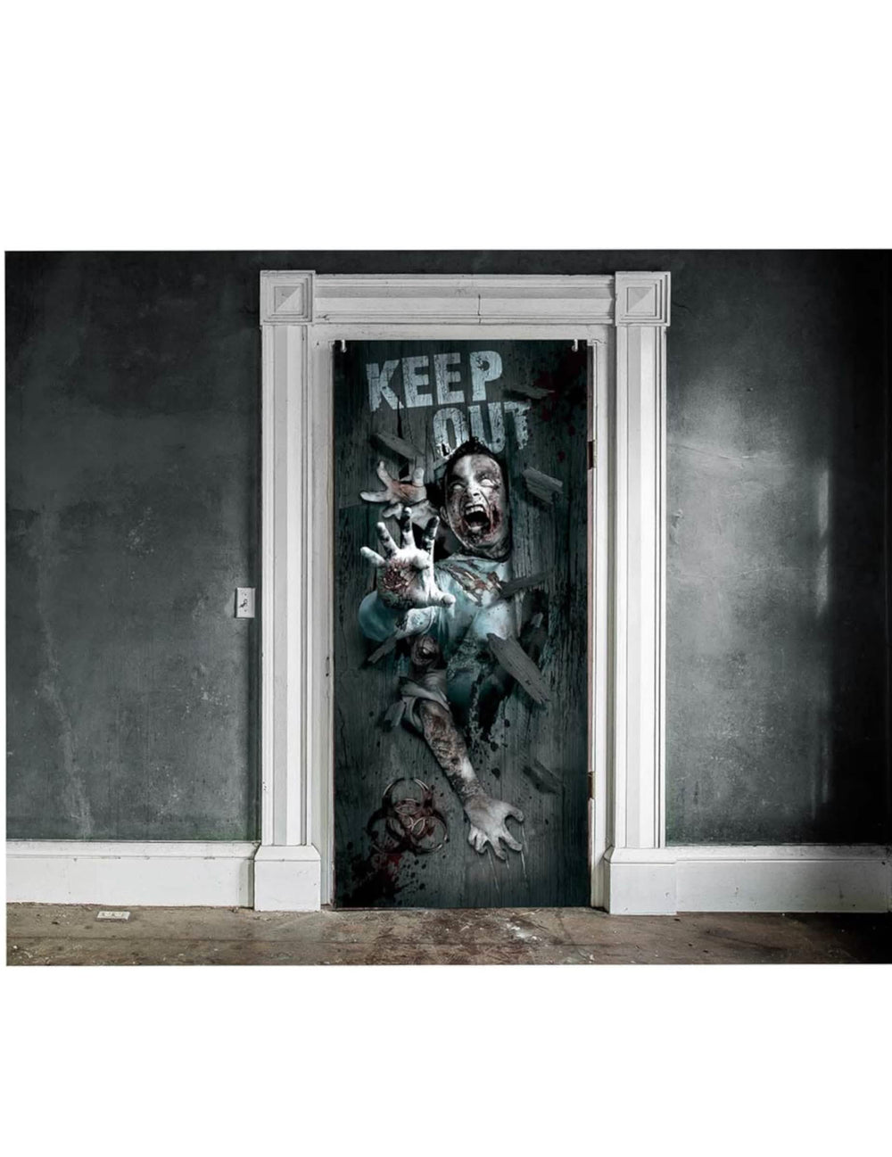Decoração de porta halloween zombie cinzenta com a mensagem Keep Out e mãos ensanguentadas