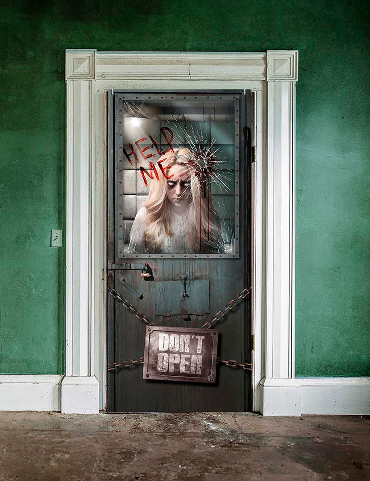 Décoration de porte psychiatrique pour Halloween avec patiente et inscription Help Me