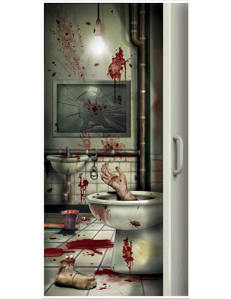 Decoração de porta de casa de banho com sangue multicores com mão ensanguentada e machado