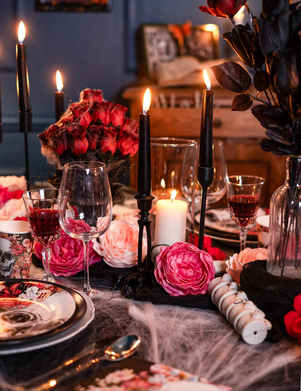 Ambiente de decoração de mesa da flor artificial cor de rosa antiga